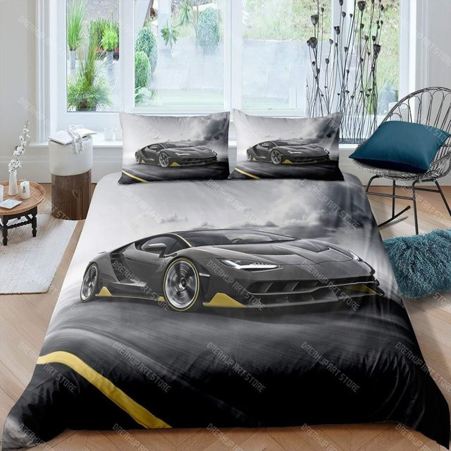 Binchi Fitness Sportwagen Bettwäscheset für Jungen und Teenager, Rennwagen Bettbezug und Kissenbezug aus Mikrofaser, Farbe: Schwarz, B/H: 173 x 218 cm - Bild 1