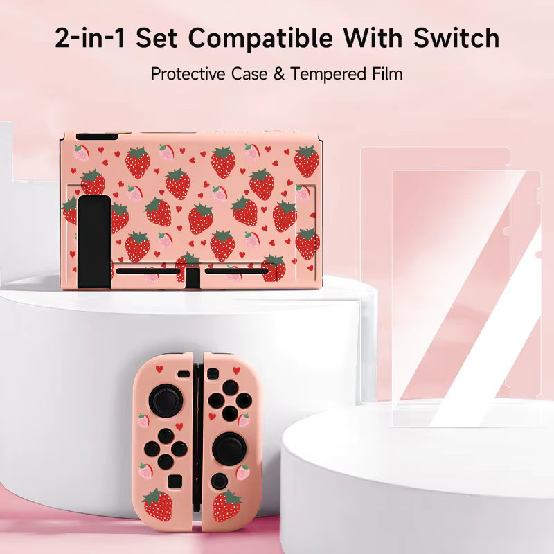 Nintendo Switch Schutzhülle mit Erdbeer-Muster und 2 Schutzfilmen, kompatibel mit Nintendo Switch, OLED und Lite, Farbe: Pink/Lila - Bild 2