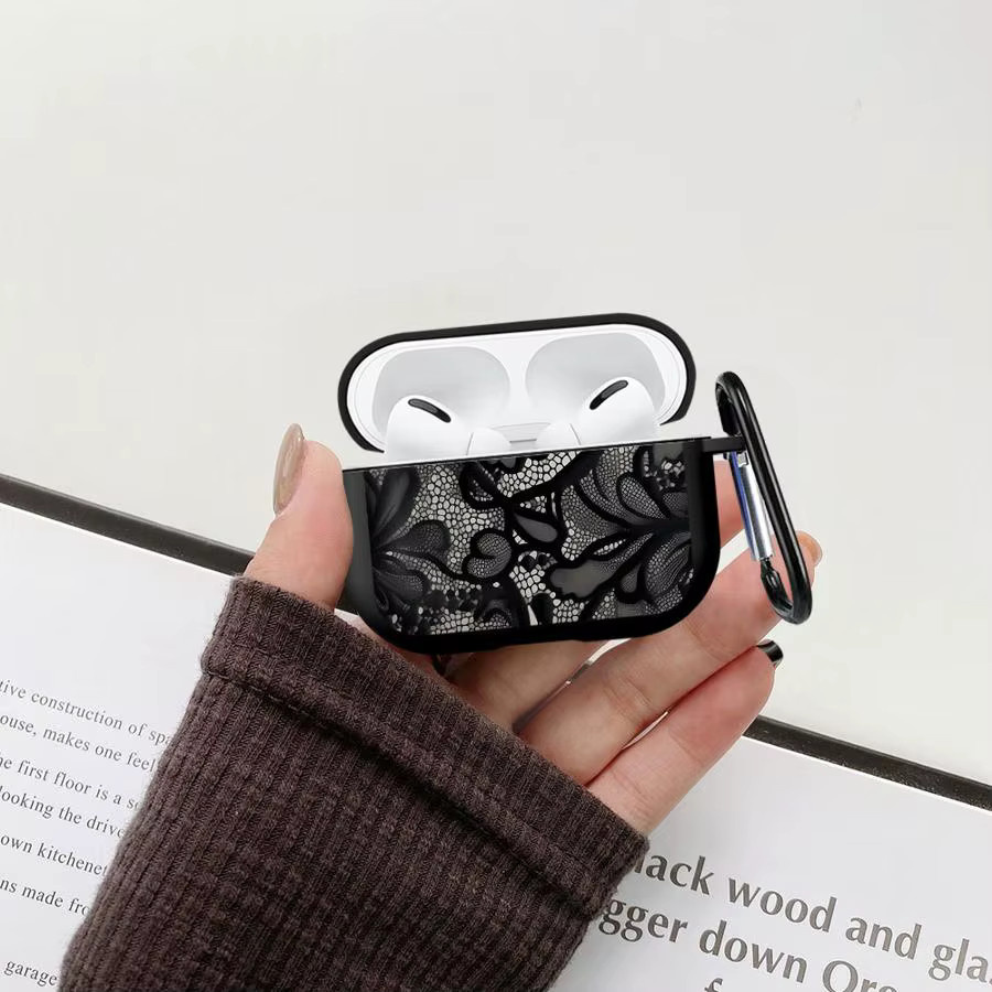 Apple AirPods Schutzhülle mit Cartoon-Spitzenblumenmuster in Schwarz für AirPods Pro, Pro 2, Pro 3, AirPods 1, 2 und 3 - Bild 5