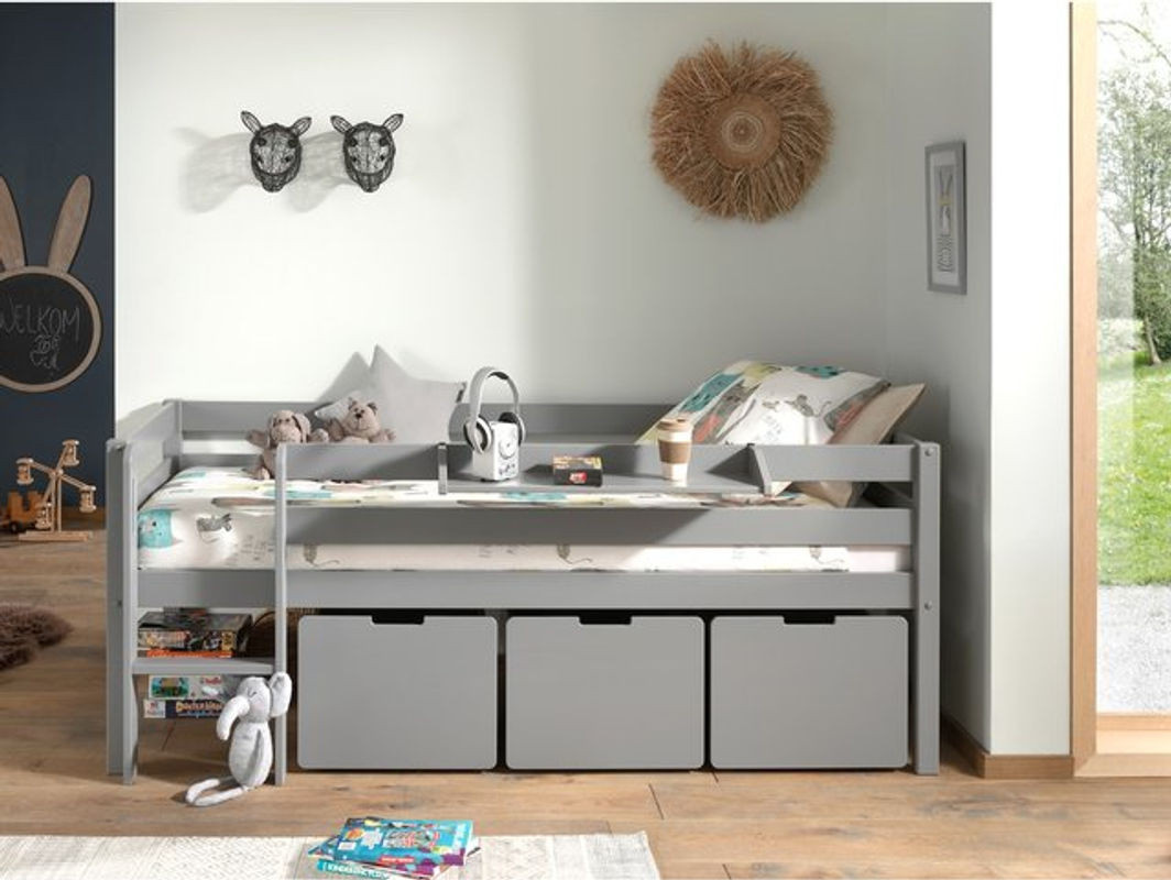 Vipack Kojen-Spielbett aus Kiefer und MDF in Grau mit Leiter, Regal, Rolllattenrost und 3 Schubkästen, Liegefläche B: 90 cm, L: 200 cm - Bild 1