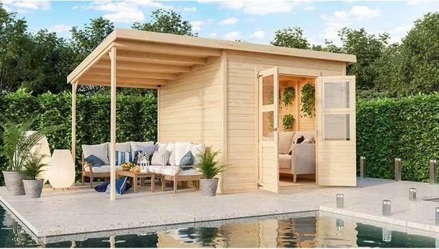 Karibu Holz-Gartenhaus Vellinge Natur Unbehandelt mit modernem Design, B/T/H: 238 x 240 x 211 cm - Bild 1