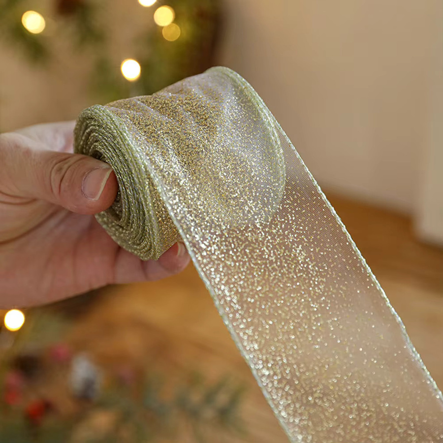 Transparentes Organza-Band mit goldenem Glitzer-Wirbelmuster für deine Weihnachtsdekoration - Bild 2