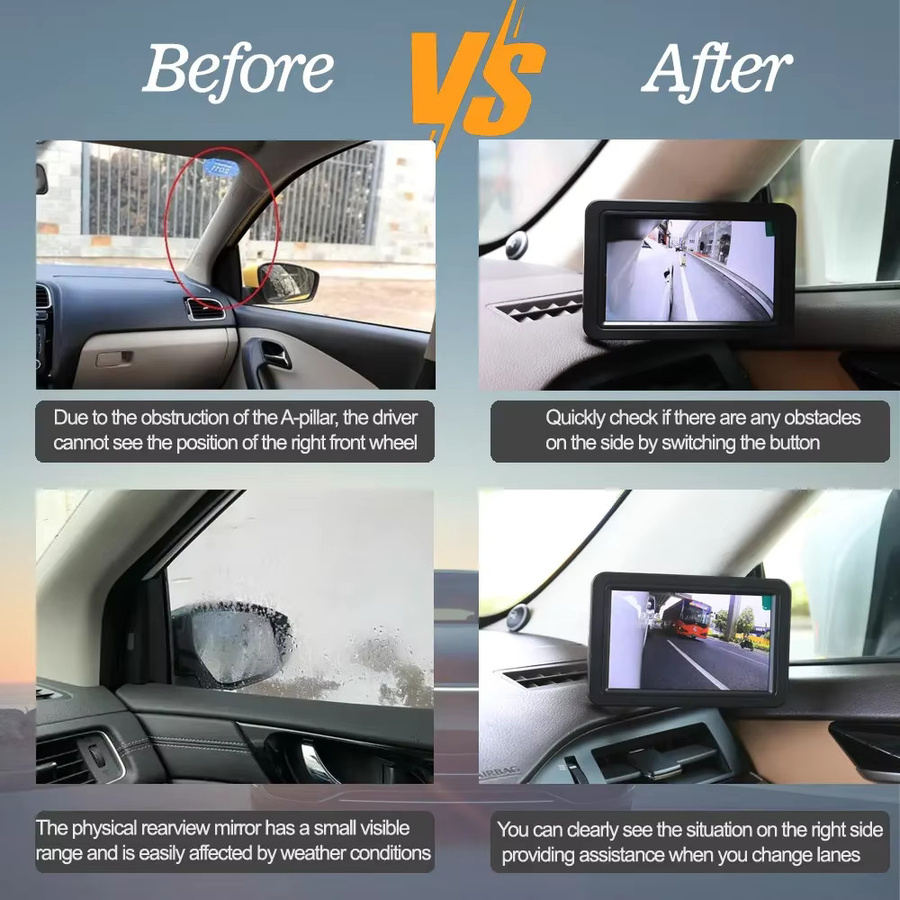 Carsanbo Auto-Seitenansicht-Kamerasystem mit 5-Zoll-Display-Monitor, 2 HD Digital-Seitenansicht-Kameras, 720P AHD Nachtsicht und DVR-Funktion, Schwarz - Bild 3
