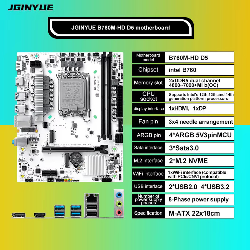 JGINYUE B760M-HD D5 MicroATX Gaming Motherboard in Weiß für Intel 12., 13. und 14. Generation mit DDR5 7000MHz und 2x M.2 PCIe 4.0 - Bild 2