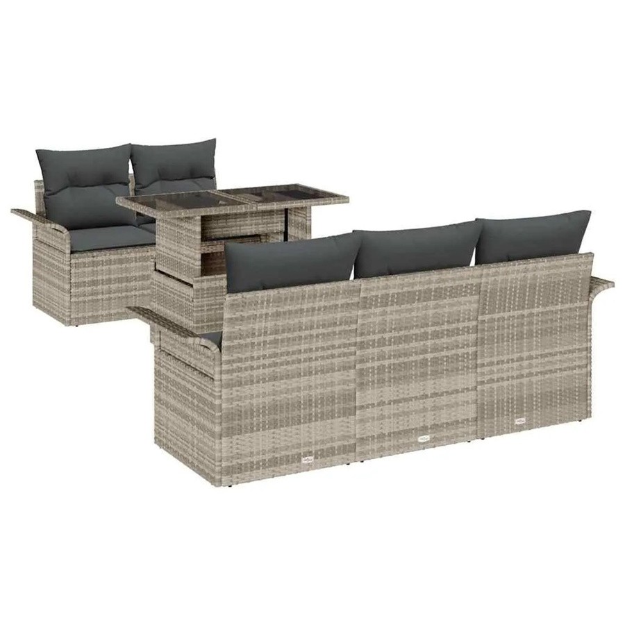 vidaXL Garten-Sofa-Set aus Polyrattan in Hellgrau, 6-teiliges Lounge-Set mit Kissen, 3-Sitzer, 2-Sitzer, Sesseln und Couchtisch mit Glasplatte - Bild 2