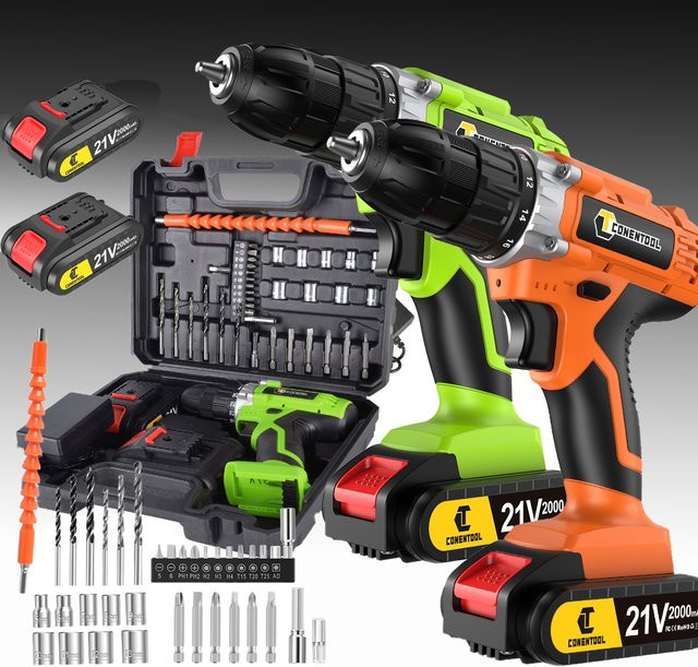 CONENTOOL 21V 36-in-1 Akku-Bohrschrauber-Set mit zwei 2000-mAh-Akkus, 45 N·m Drehmoment und LED-Licht in Grün-Orange - Bild 1