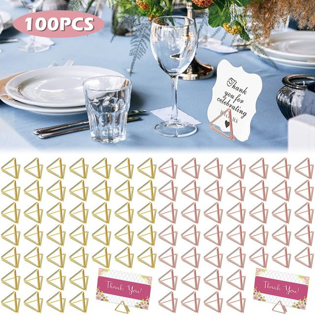 100 Stück Tischkartenhalter aus Metall in Gold, Dreiecksform Kartenstecker für Hochzeiten und Feiern - Bild 1