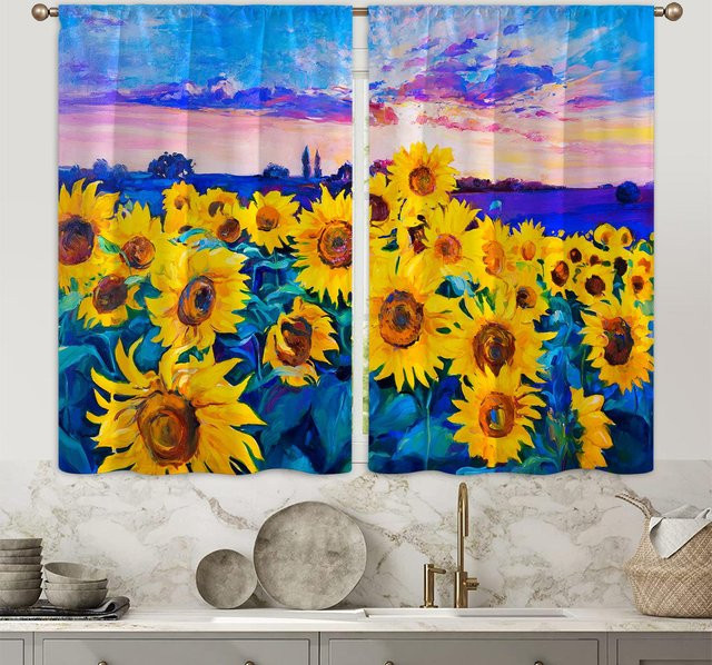 2er-Set halbverdunkelnde Küchenvorhänge von Yiran Furniture mit Aquarell-Blumenmuster in Multicolour, B 85 cm x H 200 cm - Bild 1