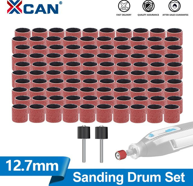 XCAN Schleiftrommel-Set mit Trommeldornen für Dremel-Rotationswerkzeuge, 11–102 Stück, Körnung 80/100/120, Durchmesser 12,7 mm - Bild 1