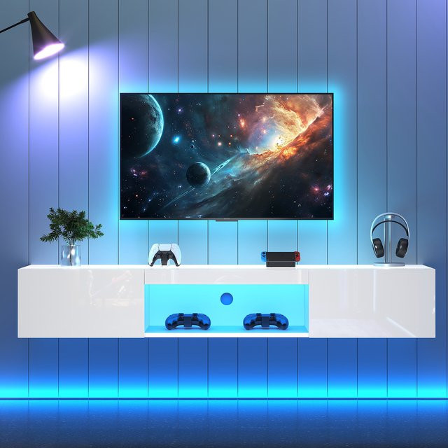 Anajqaqia Weißer TV-Schrank mit LED-Beleuchtung und Bluetooth, moderner TV-Ständer in Glanzoptik, B/T/H: 160 x 31 x 22 cm - Bild 1