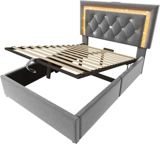 okwish Polsterbett Grau mit LED-Unterbettbeleuchtung, USB Type C und integrierter Leselampe, B/T/H: 90 x 200 cm - Bild 1