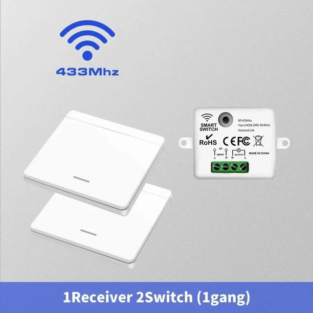 YJMP Smart Home Drahtloser Lichtschalter mit 433MHz Fernbedienung, 1/2/3fach Wand-Beleuchtungsschalter für LED Lampen, 1 Receiver und 2 Schalter, 10A, 220V - Bild 1