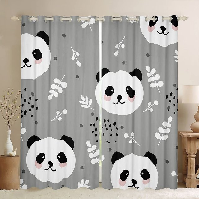 Panda Kinder Vorhänge mit Cartoon-Motiv für Schlafzimmer und Wohnzimmer, Grau, B: 55 cm, H: 120 cm, 2er-Set inklusive Haken - Bild 1