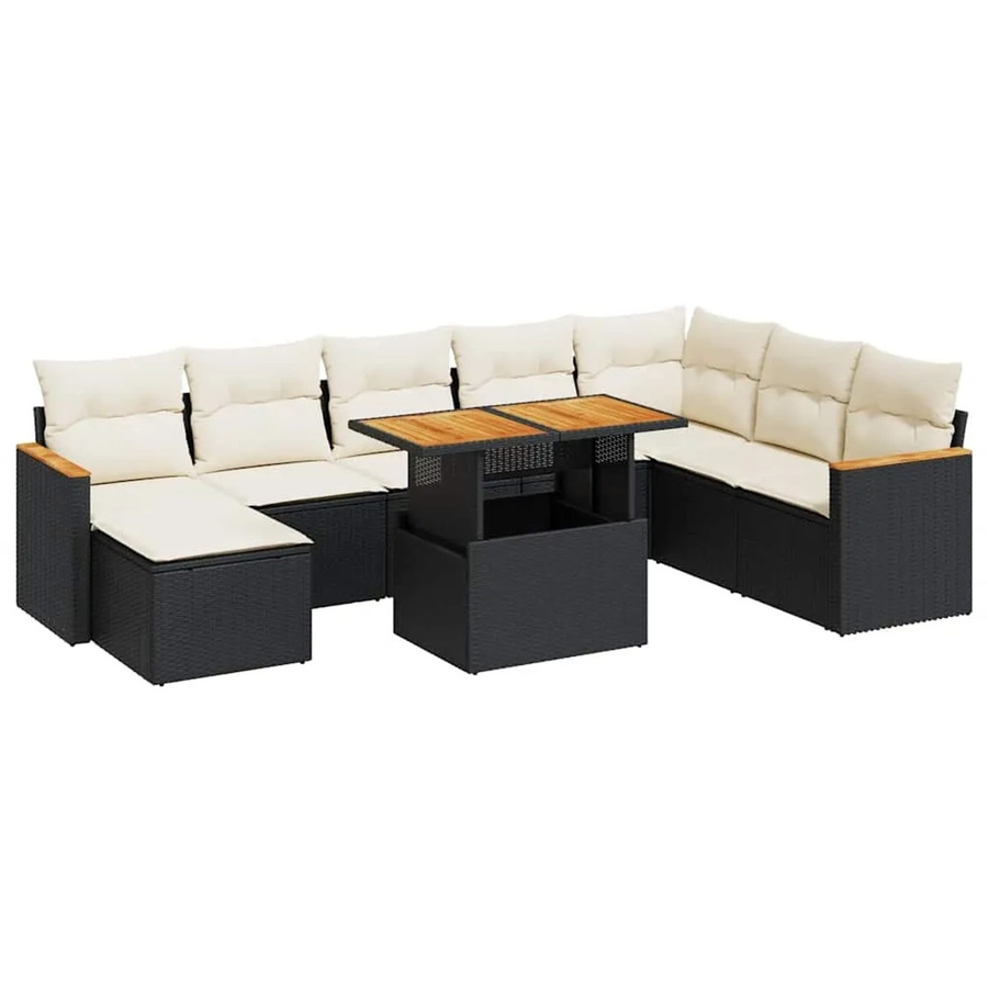 vidaXL 9-tlg. Garten-Sofagarnitur in L-Form aus Poly-Rattan und Akazienholz mit Kissen in Schwarz und Cremeweiß - Bild 2