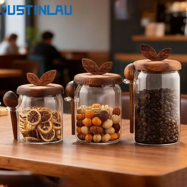 JUSTINLAU Luftdichter Glaskanister mit Löffel, transparenter Lebensmittelbehälter für Gewürze und Kaffeebohnen, Set aus Glas - Bild 1