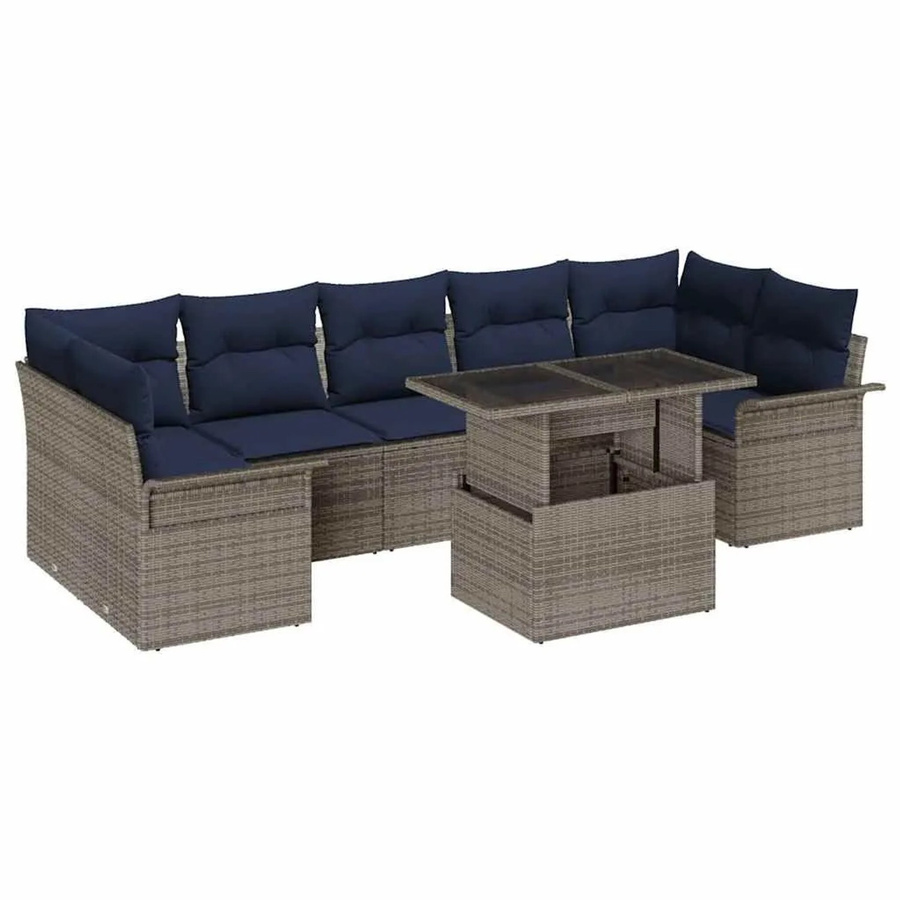 vidaXL Gartensofa-Set aus Polyrattan in L-Form mit 8-teiligem Zubehör, Kissen und integriertem Stauraum, Grau - Bild 2
