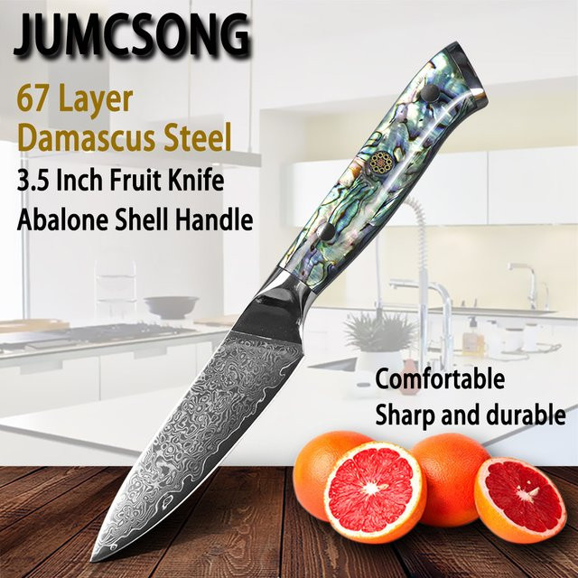 Jumcsong Damastmesser aus 10 Cr15 CoMoV Stahl, 3,5 Zoll Obstmesser mit Abalone Shell Griff in Multicolour - Bild 1