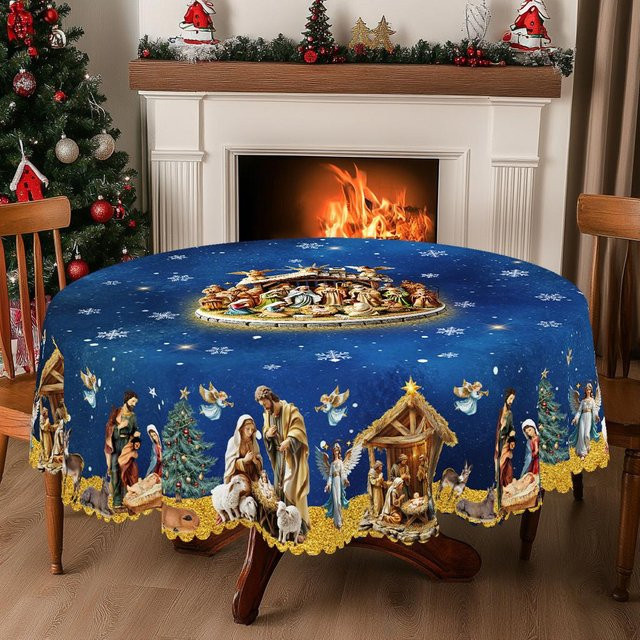 Beau Maison Weihnachts-Tischdecke im Vintage-Bauernhaus-Stil mit Weihnachtsmann, Rentier und Weihnachtsbaum, Blau, B: 140 cm, T: 180 cm - Bild 1