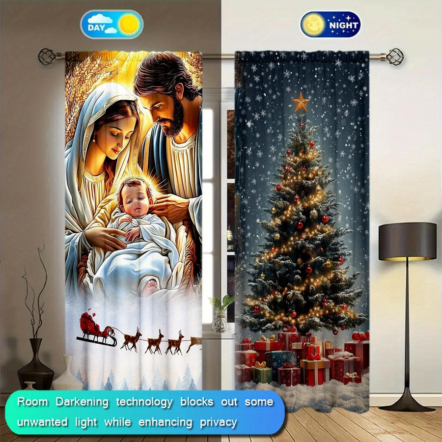 Set aus 2 Krippen-Weihnachts-Druckvorhangpaneelen für Mädchen zur Heimdekoration in Wohnzimmer und Schlafzimmer, Polyester, Breite: 100 cm, Höhe: 70 cm - Bild 5