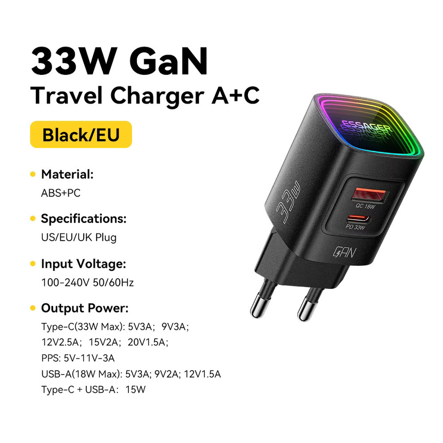 Essager GaN 33W USB Typ-C Ladegerät mit PD-Schnellladefunktion und RGB-Beleuchtung in Schwarz/Multicolor - Bild 6