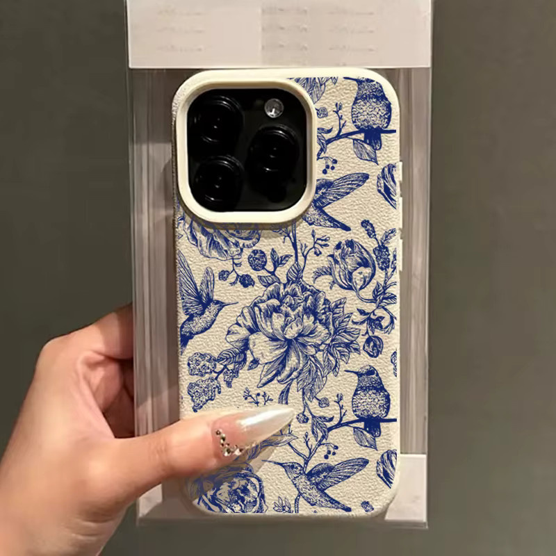 Blaue Handyhülle mit Retro-Blumen- und Vogelmuster für Apple iPhone 11 bis iPhone 17 Pro Max Soft Cover - Bild 3