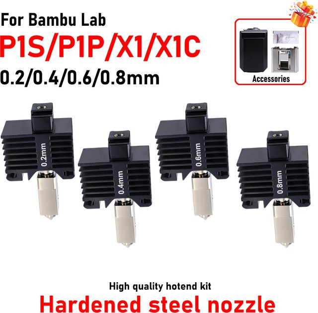Bambu Lab Hotend Upgrade mit gehärteter Stahl-Düse für P1P, P1S, X1C und X1 Modelle in Schwarz - Bild 1