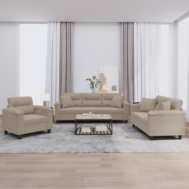 vidaXL 3-teiliges Sofagarnitur Set aus Mikrofaser in Beige mit Kissen und Armlehnen - Bild 3