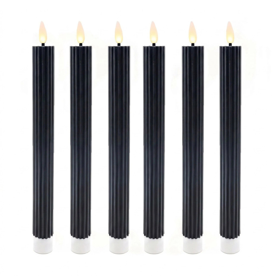 Relaxdays LED Stabkerzen 6er Set aus Echtwachs in Schwarz mit flackerndem Flammeneffekt und Rillen-Design, Höhe: 25 cm, Durchmesser: 2 cm - Bild 2