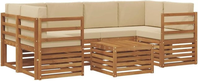 vidaXL Sofagarnitur 7-teilig aus Massivholz Akazie in Natur und Beige mit Polsterung und Kissen - Bild 1