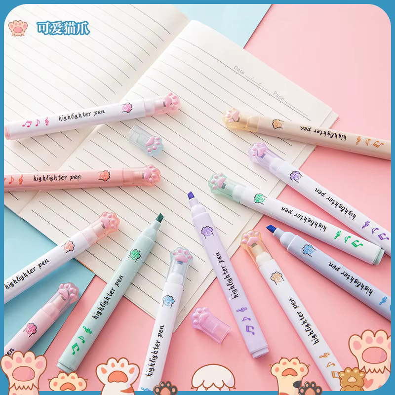 Kissbuty 6er Set Kawaii Katzenpfoten Textmarker in Pastellfarben mit fluoreszierender Tinte und Keilspitze für Schule und Büro - Bild 2