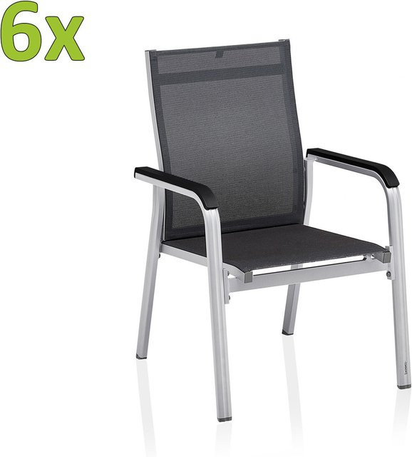 Kettler BasicPlus Premium Stapelsessel Set aus Aluminium und Outdoorgewebe, 6er Set, Silber/Lakritz - Bild 1
