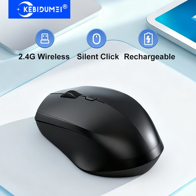 Kebidumei Drahtlose 2,4G Gaming Maus mit 1600 DPI, wiederaufladbare optische Maus mit Silent Click in Schwarz für PC, Laptop, Windows und Mac OS - Bild 1