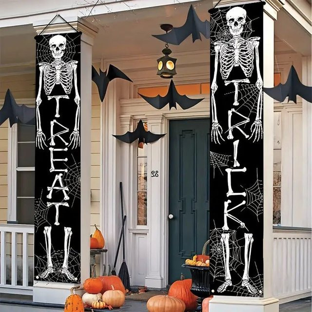 VIKAMA Halloween Türbanner Geisterschädel mit Süßes oder Saures Schriftzug, hängendes Party-Dekor in Schwarz-Weiß, B/H: 30 x 180 cm - Bild 1