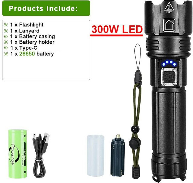 Pawell Hochleistungs-Taschenlampe mit 300W LED, aufladbare Zoom-Taschenlampe in Schwarz - Bild 1