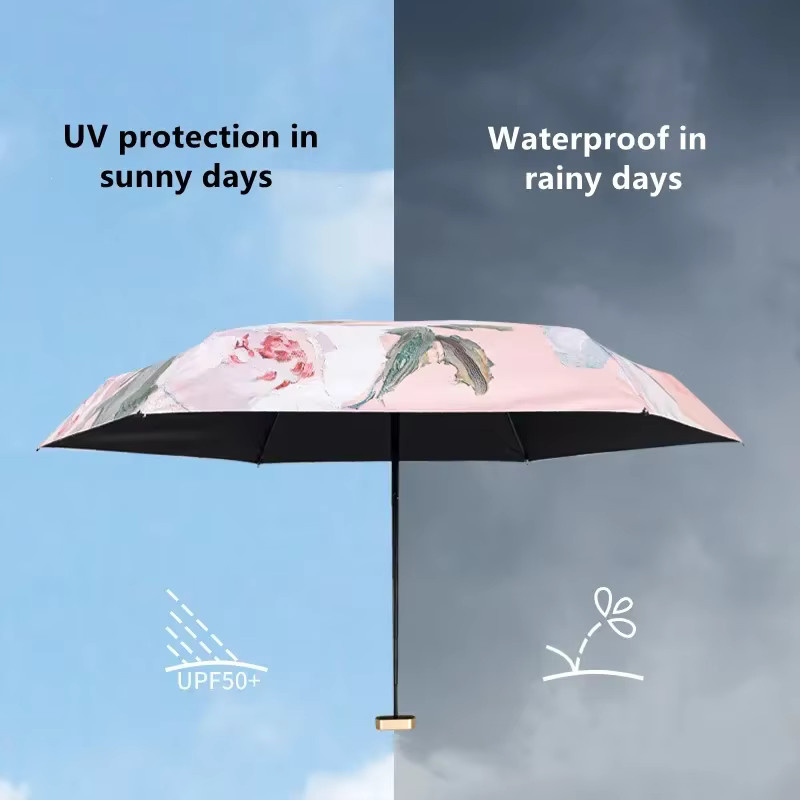 JBTP Mini-Regenschirm für Damen, kompakt und manuell, Rosa mit mehrfarbigem Blumen-Rosen-Ölgemälde und UV-Schutz - Bild 2