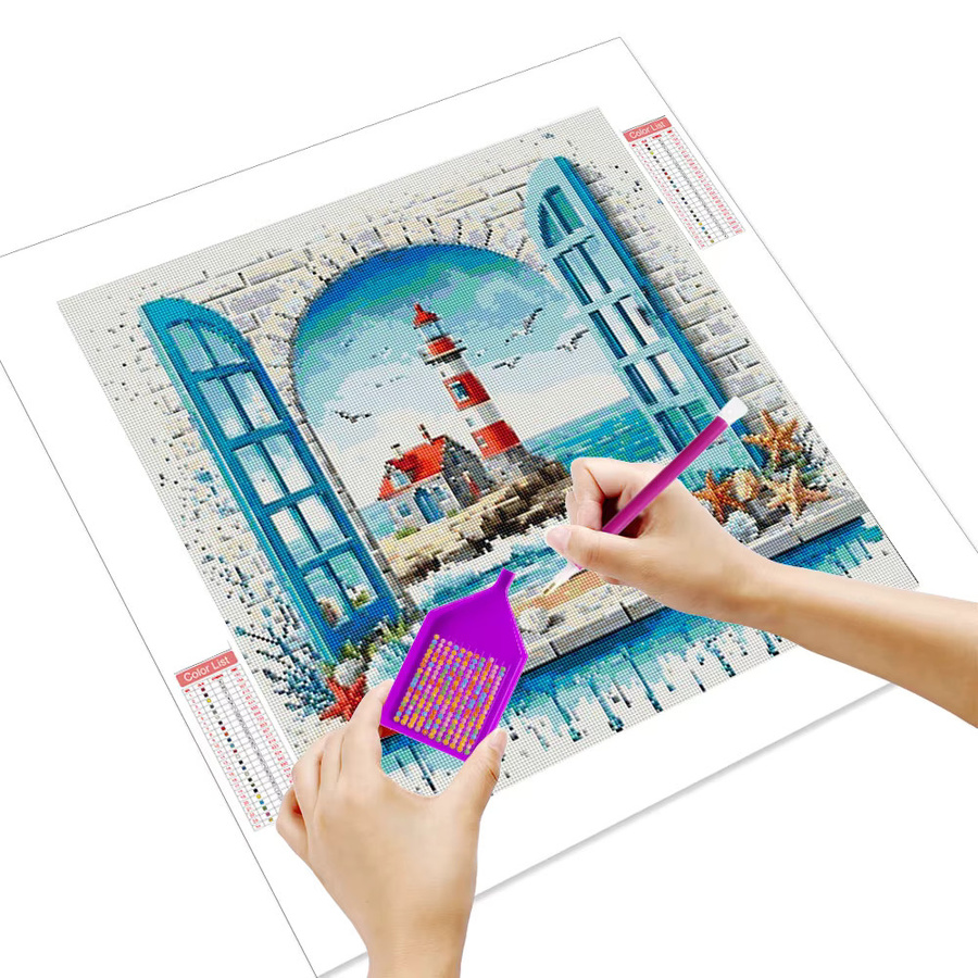 Huacan 5D-Diamantgemälde zum Selbermachen mit Meeresmotiv, Leuchtturm und Muscheln in Blau und Multicolour, B/H: 20 x 20 cm - Bild 2
