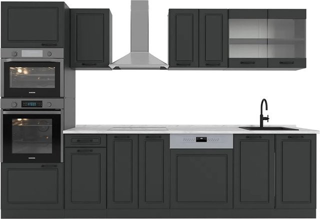 Vicco R-Line Küchenzeile Landhaus in Anthrazit mit Hochschrank und Marmor-Arbeitsplatte, Breite: 300 cm, Höhe: 207 cm, Tiefe: 60 cm - Bild 1