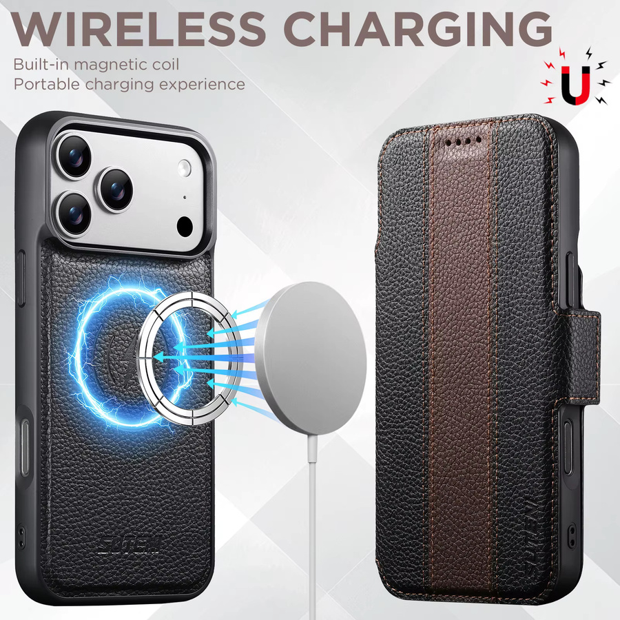 SUTENI Kunstleder Handyhülle mit Wireless Charging, Kartenhalter und magnetischem Flip-Cover für iPhone 17 Pro Max, 16, 15, 14, 13 in Schwarz oder Weiß - Bild 2