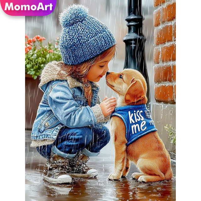 Momoart Diamantmalerei Mädchen Porträt mit Hund DIY Acryl Mosaik Set zur Dekoration, Mehrfarbig, B/H: 30 x 20 cm - Bild 1