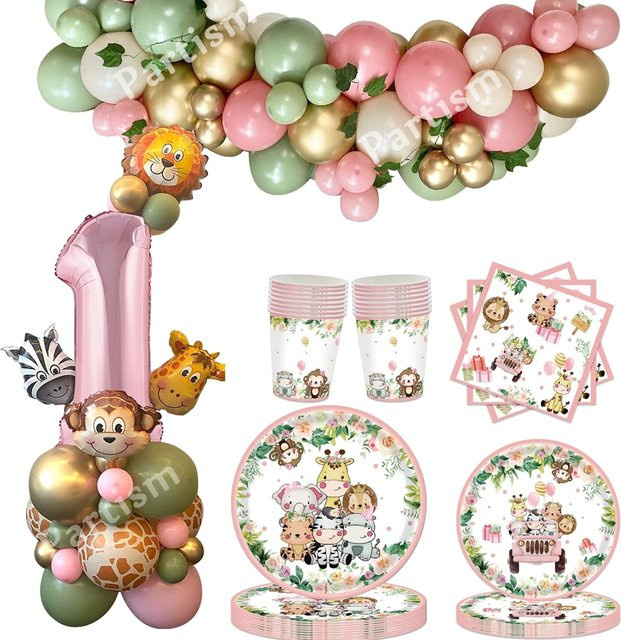 Wildtier Ballonturm mit rosa Tiergeschirr und Wild One Motiv für deine Dschungel-Geburtstagsparty für Mädchen in Pink und Multicolour - Bild 1