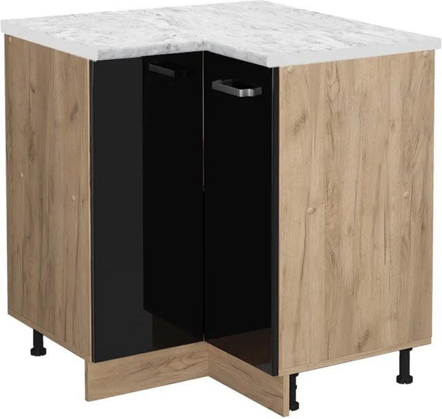 Vicco R-Line Eckunterschrank für die Küche in Schwarz Hochglanz und Goldkraft Eiche mit Marmor-Optik, B/T/H: 75,6 x 46,0 x 81,6 cm - Bild 1