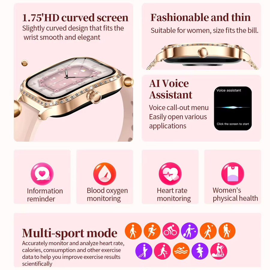 GUHUAVMI Smartwatch mit gebogenem Bildschirm für Damen und Herren in Pink und Gold mit Bluetooth-Anruffunktion und IP68 Wasserdichtigkeit für Android und iOS - Bild 2