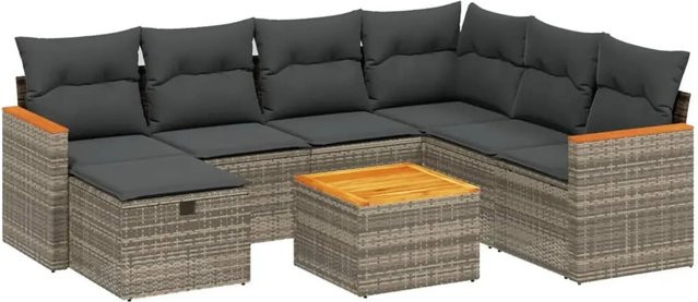 vidaXL 8-teilige Garten-Sofagarnitur in L-Form aus grauem Poly-Rattan mit Kissen und Akazienholz-Elementen - Bild 1