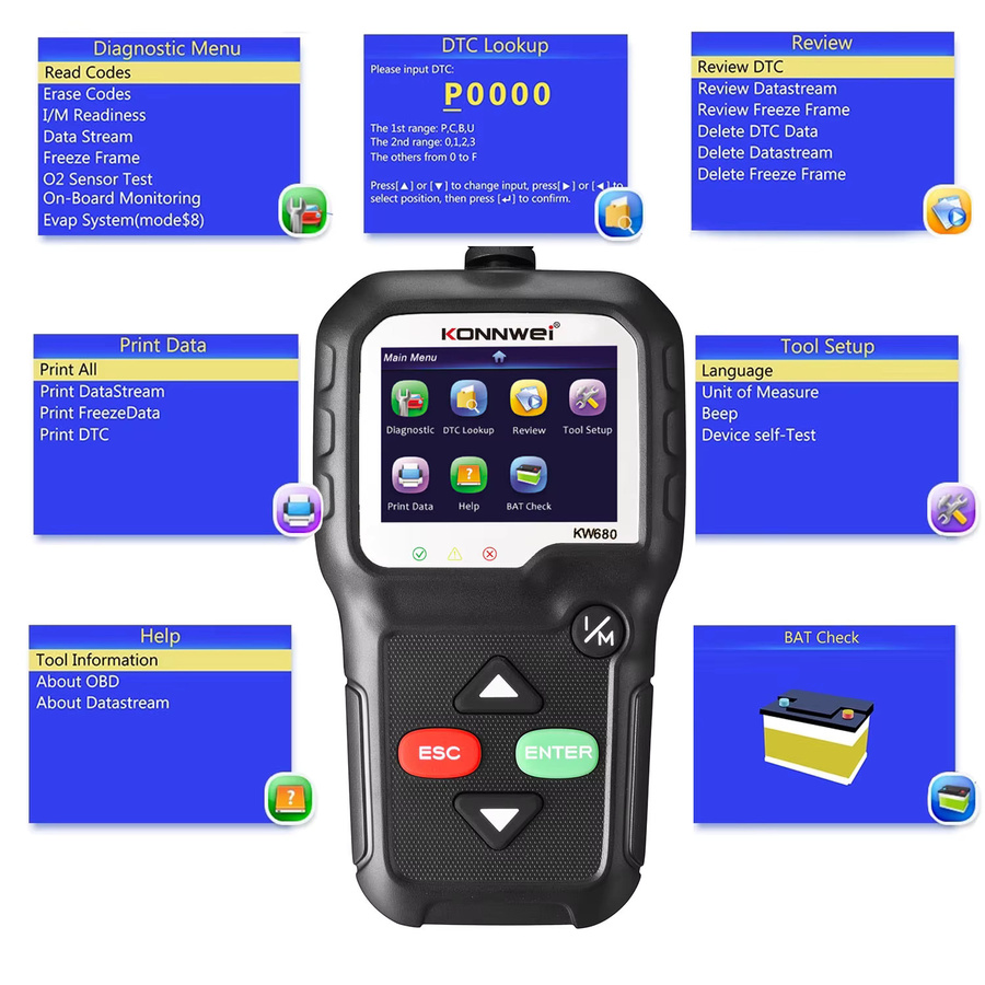 KONNWEI KW680 Auto OBD2 Fehlerdiagnose-Scanner mit Sprachfunktion, Kfz-Diagnosegerät und ELM327 Codeleser, Schwarz - Bild 6