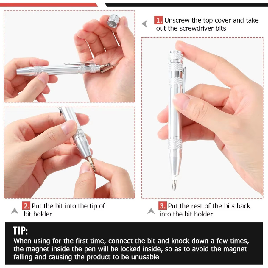 8-in-1 Multitool Stift-Schraubendreher in Silber mit magnetischer Funktion für Reparatur und Installation - Bild 3