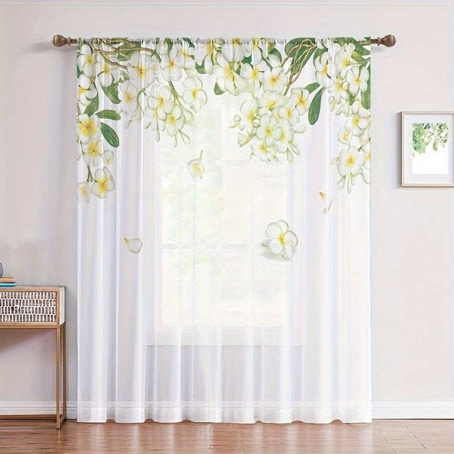 Yiran Furniture Transparente Voile-Vorhänge mit Blumenmuster in Aquarellfarben, 2er-Set, Farbe: Weiß, Breite: 65 cm, Höhe: 230 cm - Bild 1