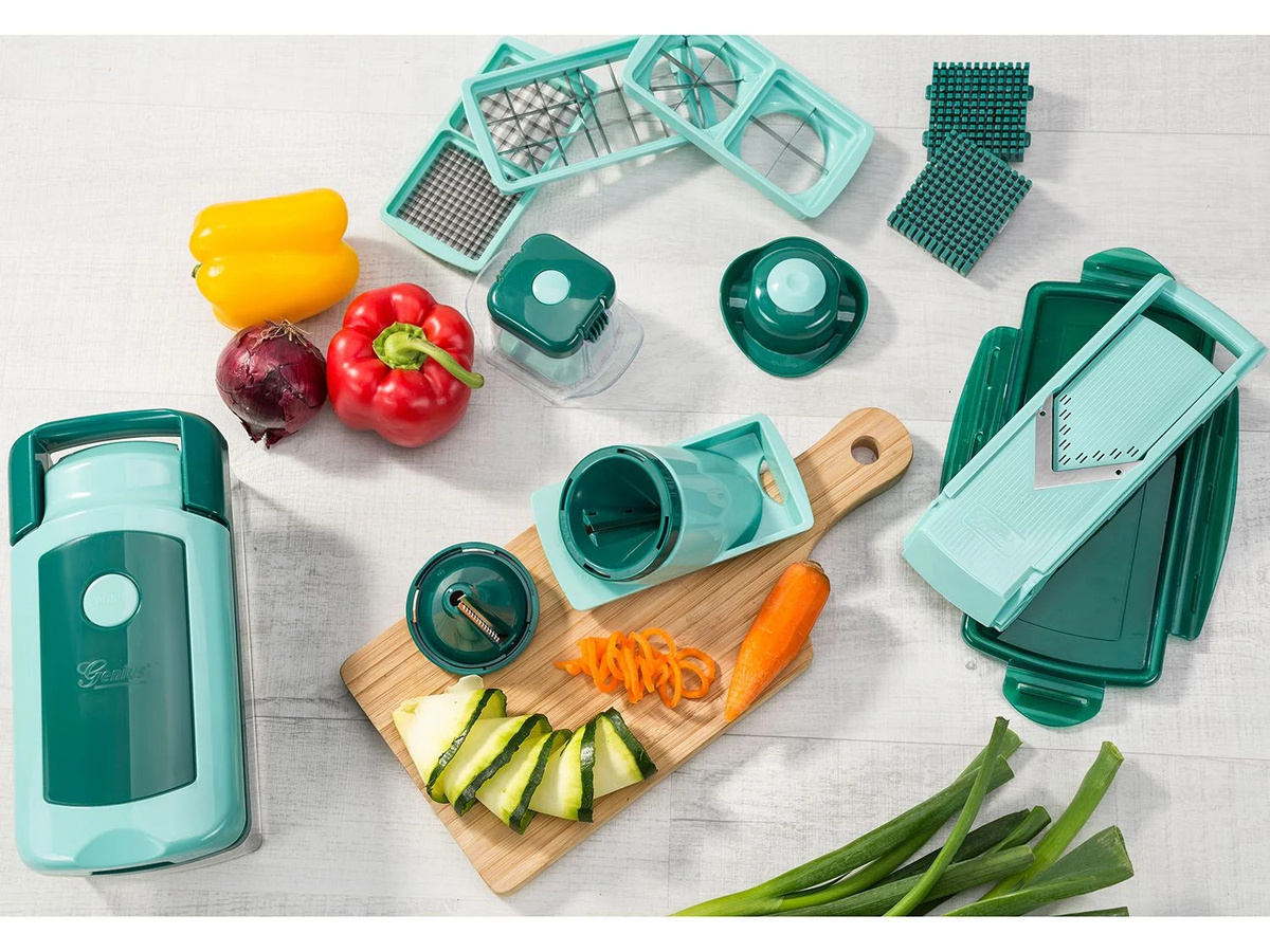 Nicer Dicer Fusion Smart Gemüseschneider, 16-teilig, Grün, 1,25 l Auffangbehälter mit Edelstahlklingen - Bild 2