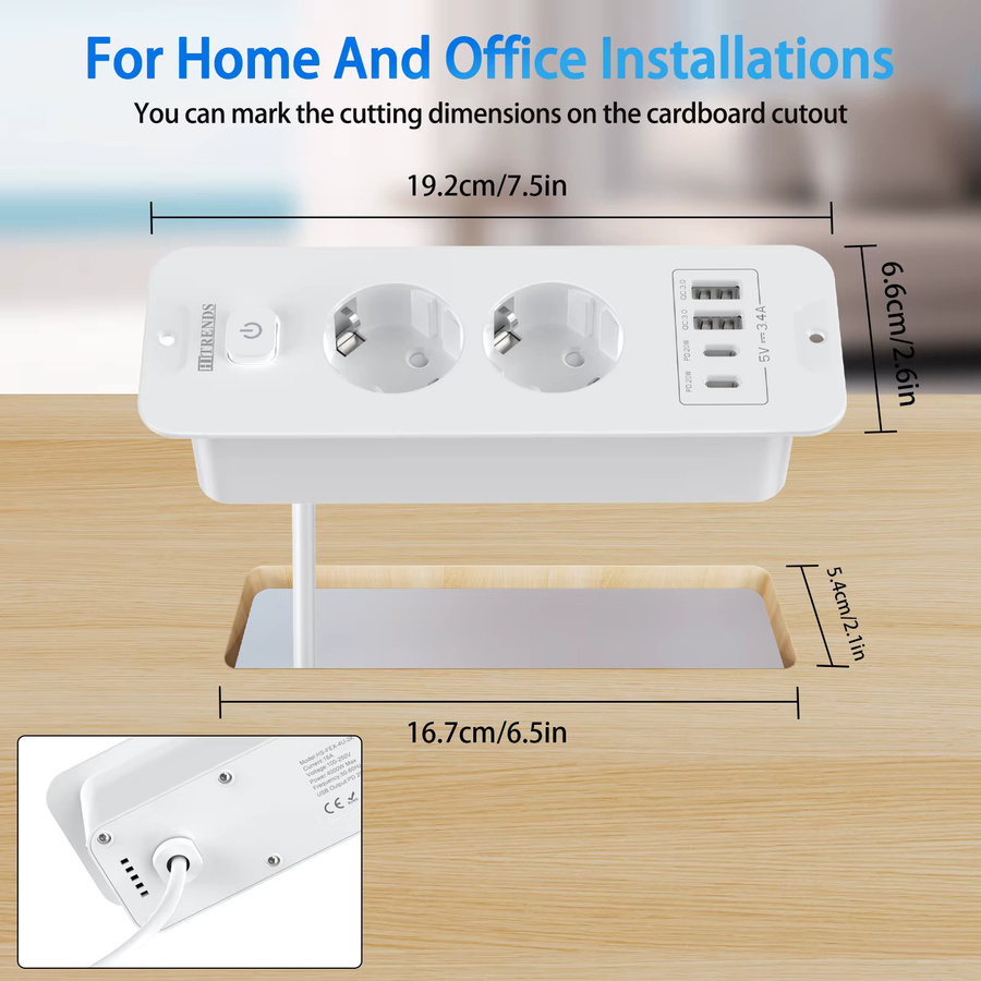 HITRENDS EU-Tisch-Einbausteckdose in Weiß mit 1 Steckdose, 2 USB-A und 2 USB-C PD20W Schnellladung sowie 2 m Kabel - Bild 3