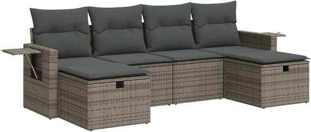 vidaXL 6-teilige Garten-Sofagarnitur in L-Form mit Kissen, Grau, Poly Rattan und Metallgestell - Bild 1