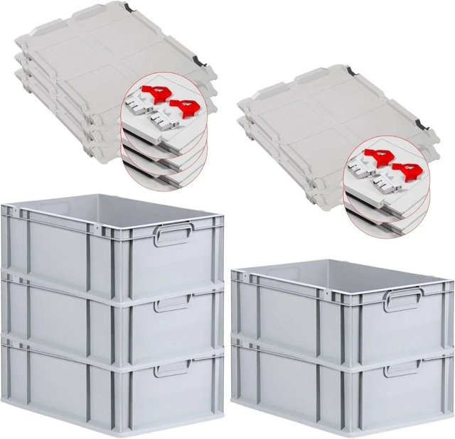 PROREGAL SuperSparSet 5x Eurobox NextGen Grip mit Scharnierdeckel und roten Schiebeschnappverschlüssen, Grau, H x B x T: 22 x 40 x 60 cm - Bild 1